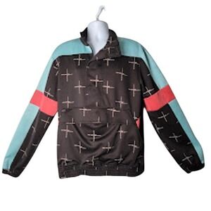 Pink Dolphin Men's L Half Zip Colorblock Pullover Jacket Black Teal Retro Y2K